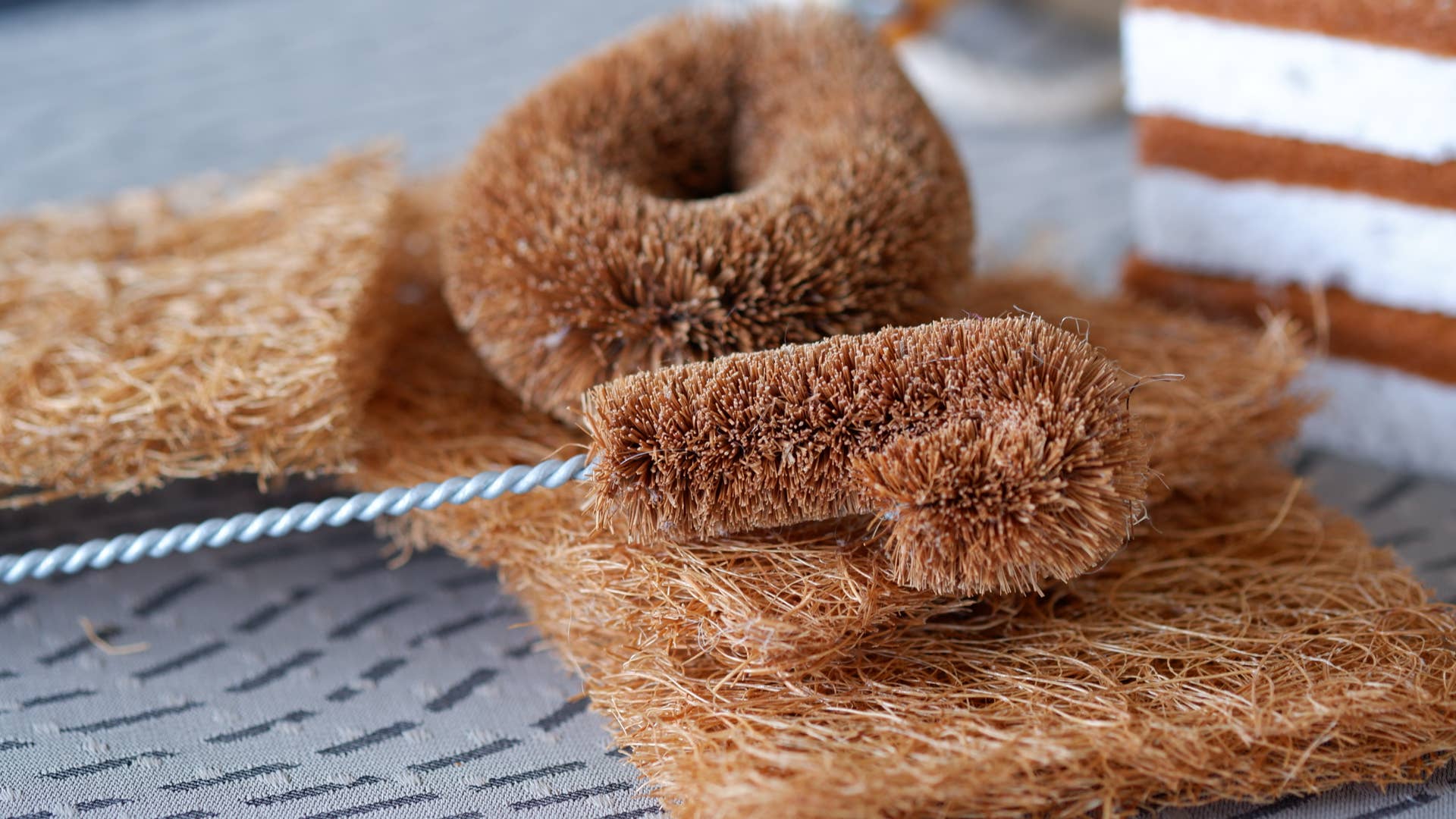 Brushes and scrubbers made of coconut coir.