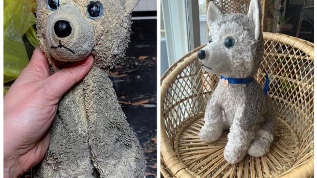 Fluff restorations of a stuffed animal before and after