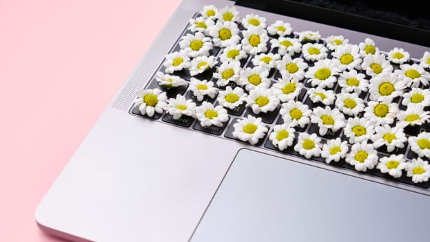 Spring Flowers Keyboard. Laptop with Flowers over pink background. Spring mood.