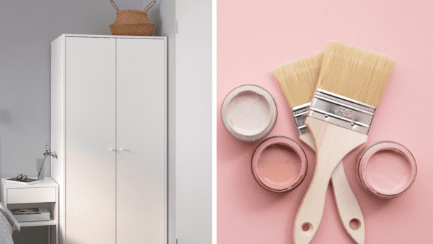 DIYer Creates The Coolest IKEA Cabinet Upgrade Ever Dengarden   White Cabinet Armoir Pink Paint Paintbrushes 